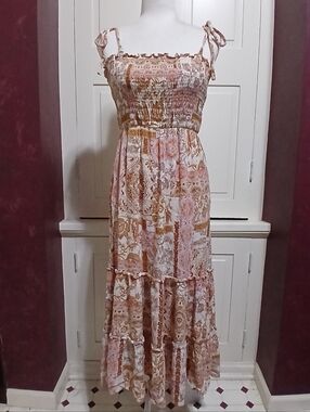 Dress Forum Los Angeles Size S Pink Brown Boho Tank Maxi Dress Fit & Flare